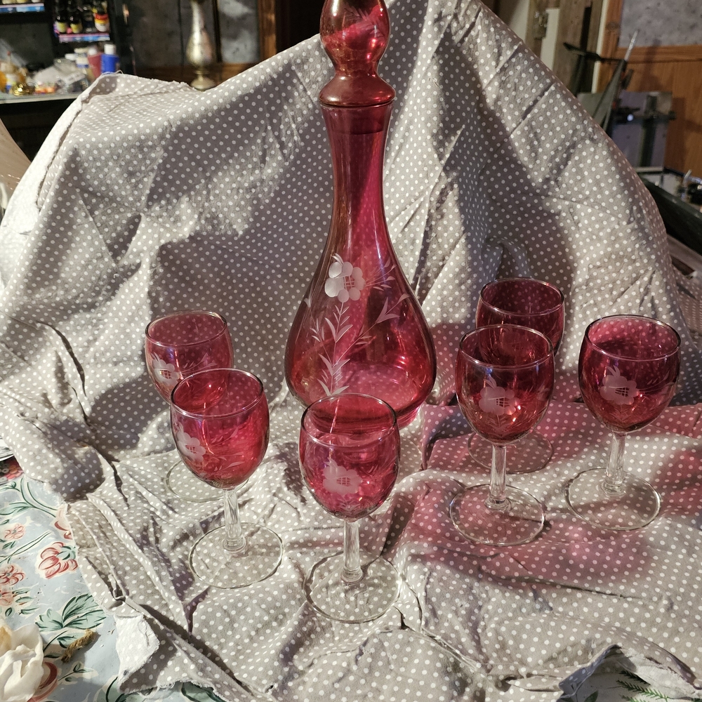 Ruby Red Etched Glass Decanter Set - 6 Stemmed Glasses